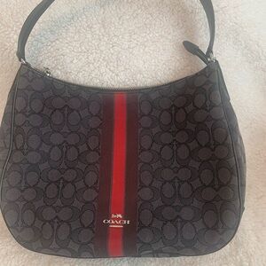 Coach Dark Signature Shoulder Bag with Red Center Stripe